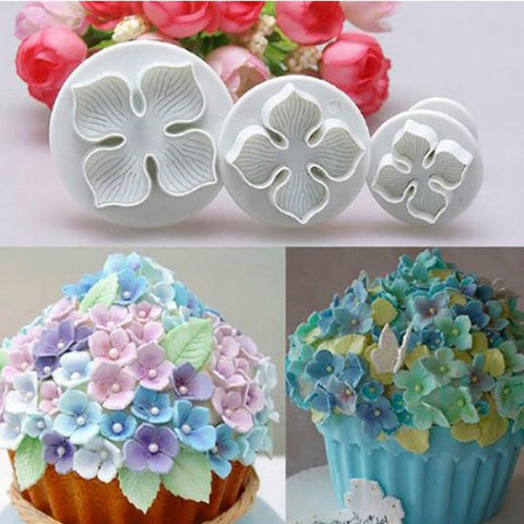 3Pcs/Set Silicone Hydrangea Fondant Cake Decorating SugarCraft Plunger Cutter Flower Blossom Mold