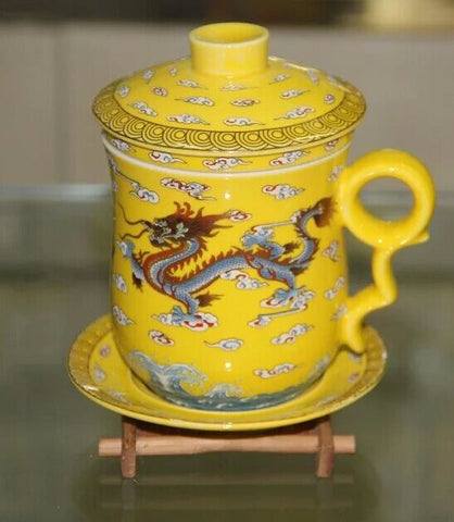 Chinese style porcelain tea set cup coffee cups saucers and mugs Chinese yellow cloud dragon Royal imperial cup about  350ML